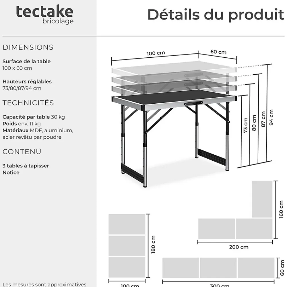 Tectake Outils Du Tapissier<Lot de 3 tables à tapisser pliable Hauteur réglable en 4 niveaux noir