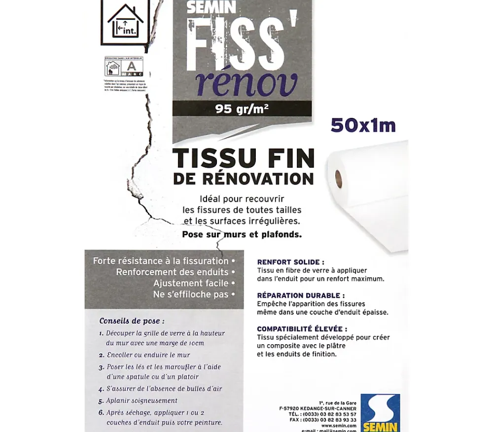 Semin Fibre De Verre<Lot de 5 tissus de rénovation - Fiss Renov - Résiste contre les fissurations - Rouleau de 50 x 1 m