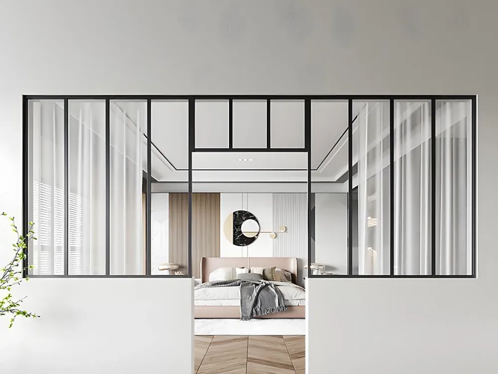 Vente-unique Lot de 2 verrières atelier avec imposte en aluminium thermolaqué - 2 x L120 x H130 + L83 x H40 cm - Noir - BAYVIEW- Verrière