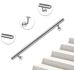 AICA Sanitaire Accessoire D'Escalier<Main courante - acier inox 304 - 180cm - Rampe escalier mural avec embouts - Pour intérieur et extérieur - Avec supports muraux
