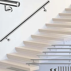 AICA Sanitaire Main courante 180cm diam 42.4mm en Inox 304 Argent avec 2 supports- Accessoire D'Escalier
