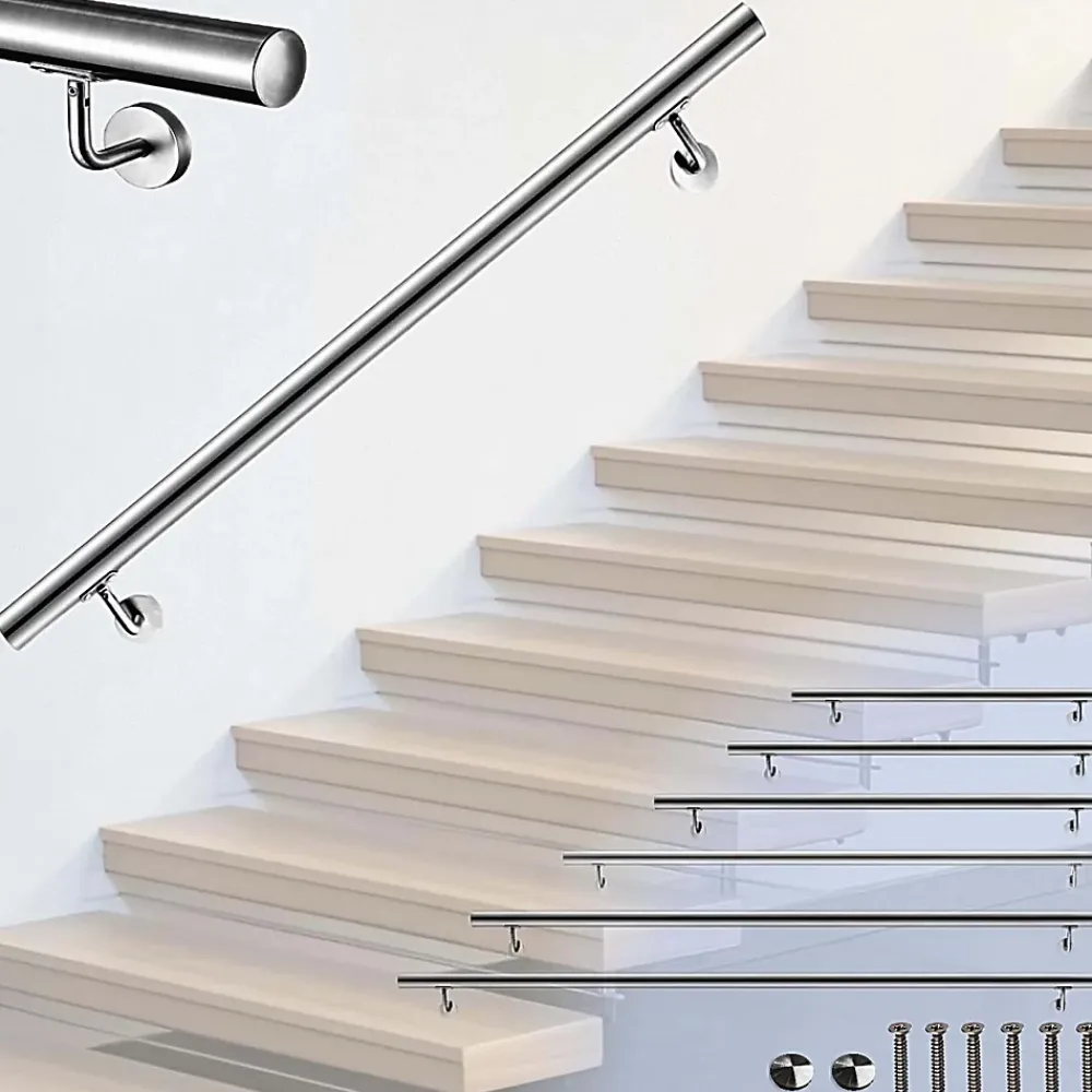AICA Sanitaire Accessoire D'Escalier<Main courante 200cm diam 42.4mm en Inox 304 Argent avec 2 supports
