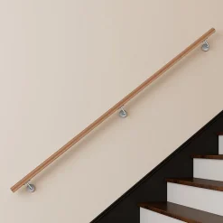 AICA Sanitaire Main courante 220cm, inox 304, Design naturel aspect bois, rampe d'escalier ronde, avec 3 supports muraux, intérieur & extérieur- Accessoire D'Escalier