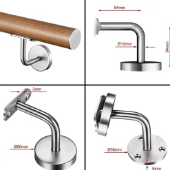 AICA Sanitaire Main courante 200cm, inox 304, Design naturel aspect bois, rampe d'escalier ronde, avec 3 supports muraux, intérieur & extérieur- Accessoire D'Escalier