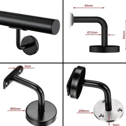 AICA Sanitaire Main courante 180cm, inox 304, Noir mat, rampe d'escalier ronde, avec 2 supports muraux, intérieur & extérieur- Accessoire D'Escalier