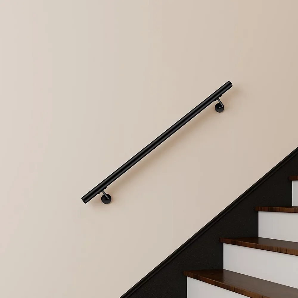 AICA Sanitaire Main courante 120cm, inox 304, Noir mat, rampe d'escalier ronde, avec 2 supports muraux, intérieur & extérieur- Accessoire D'Escalier