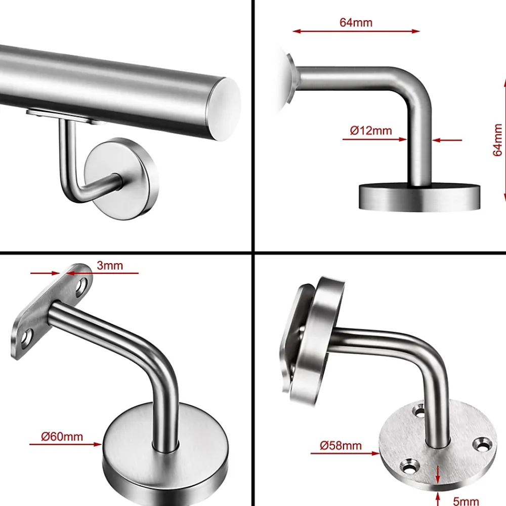 AICA Sanitaire Main courante 200cm, inox 304, rampe d'escalier ronde, avec 3 supports muraux, intérieur & extérieur- Accessoire D'Escalier