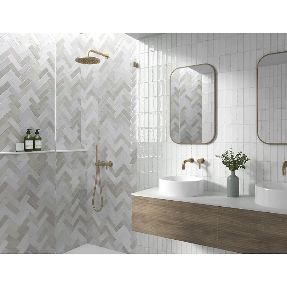 Lux Mosaic Mini Brick Série Calpe White Porcelaine Premium 5x15cm.- Carrelage Mural Pour Wc