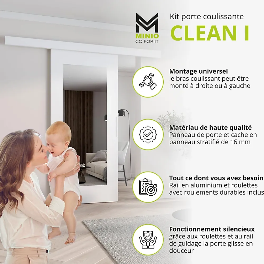 MINIO go for it Porte Coulissante<, porte coulissante CLEAN I 76 cm portes de chambre, avec miroir, wengé