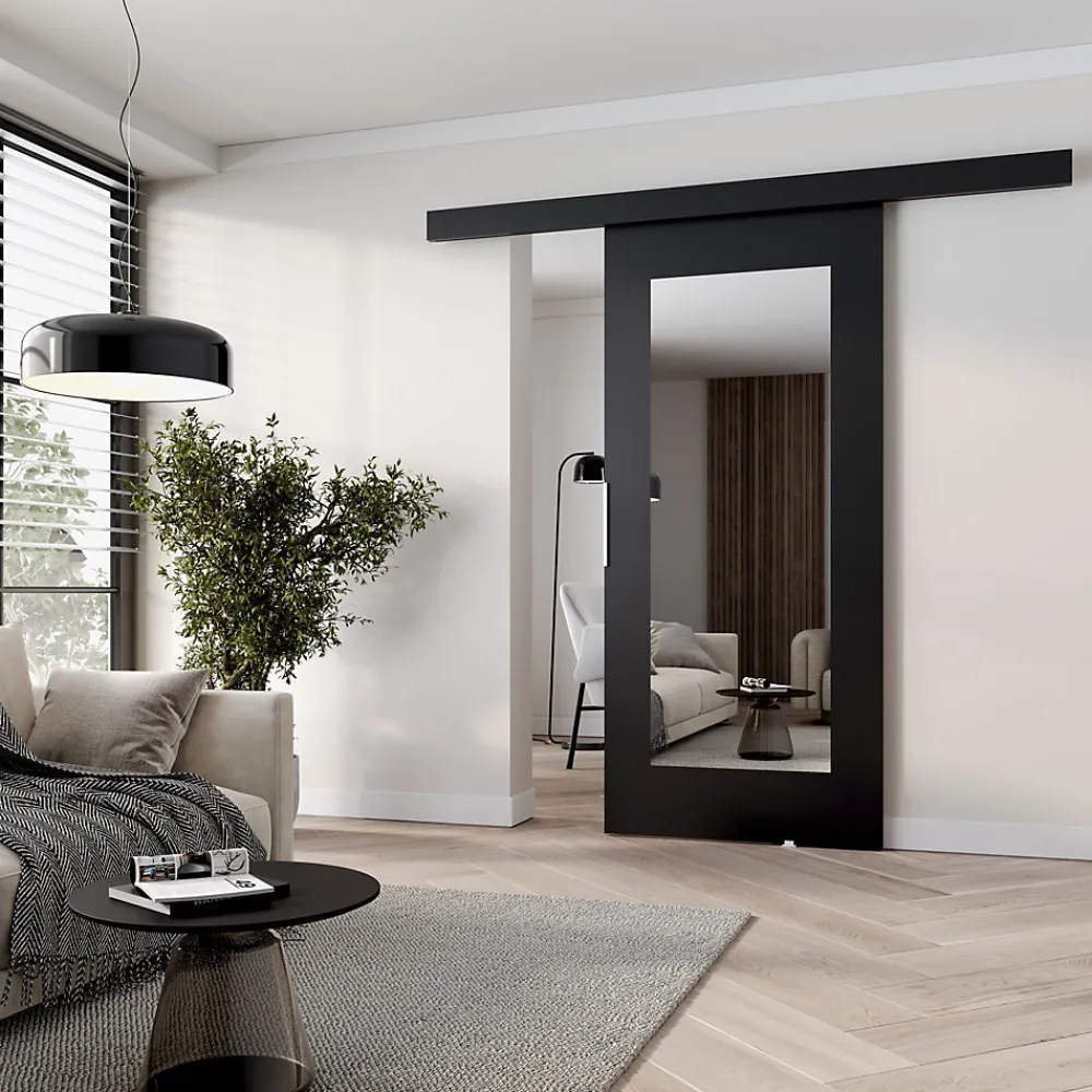 MINIO go for it Porte Coulissante<, porte coulissante CLEAN I 76 cm portes de chambre, avec miroir, Noir