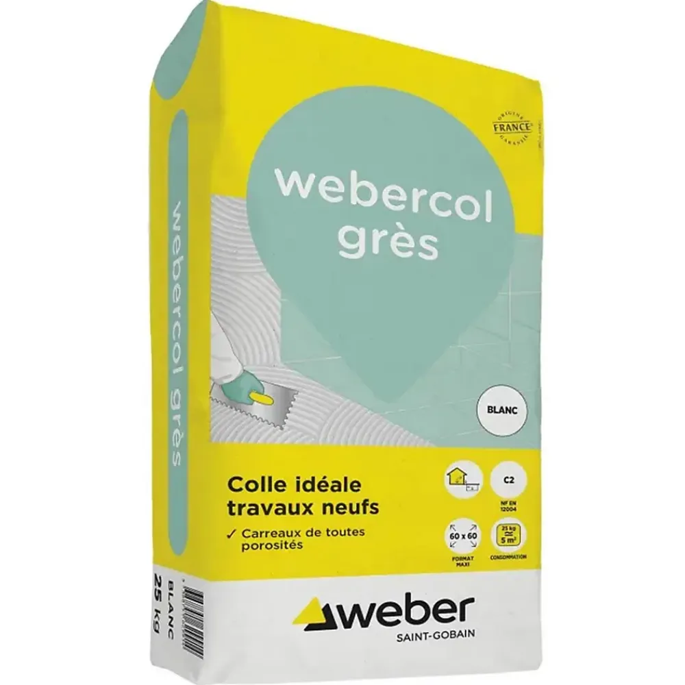 Weber Colle Carrelage Sol<Mortier - colle à adhérence (C2) - COLLE GRES - Sac de 25 Kg - BLANC