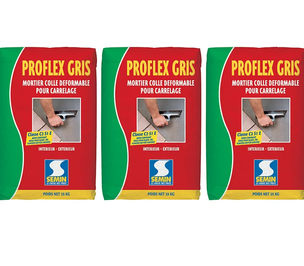 Semin Joint Carrelage Sol<Mortier Colle Déformable pour Carrelage Proflex Gris , Intérieur/Extérieur, sac de 25 kg (lot de 3)