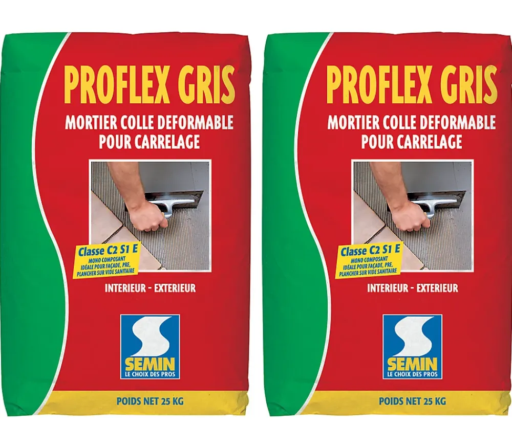 Semin Mortier Colle Déformable pour Carrelage Proflex Gris , Intérieur/Extérieur, sac de 25 kg (lot de 2)- Joint Carrelage Sol