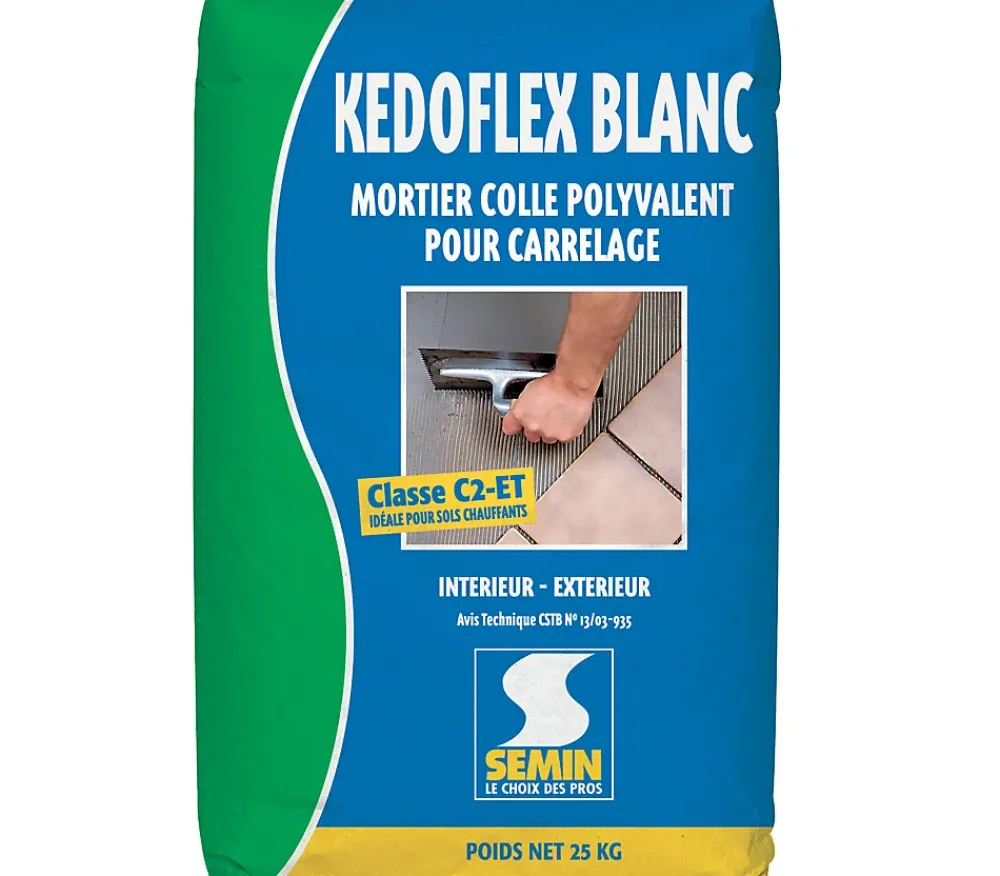 Semin Mortier Colle Polyvalent pour Carrelage Kedoflex Blanc , Intérieur/Extérieur, sac de 25 kg- Colle Carrelage Sol