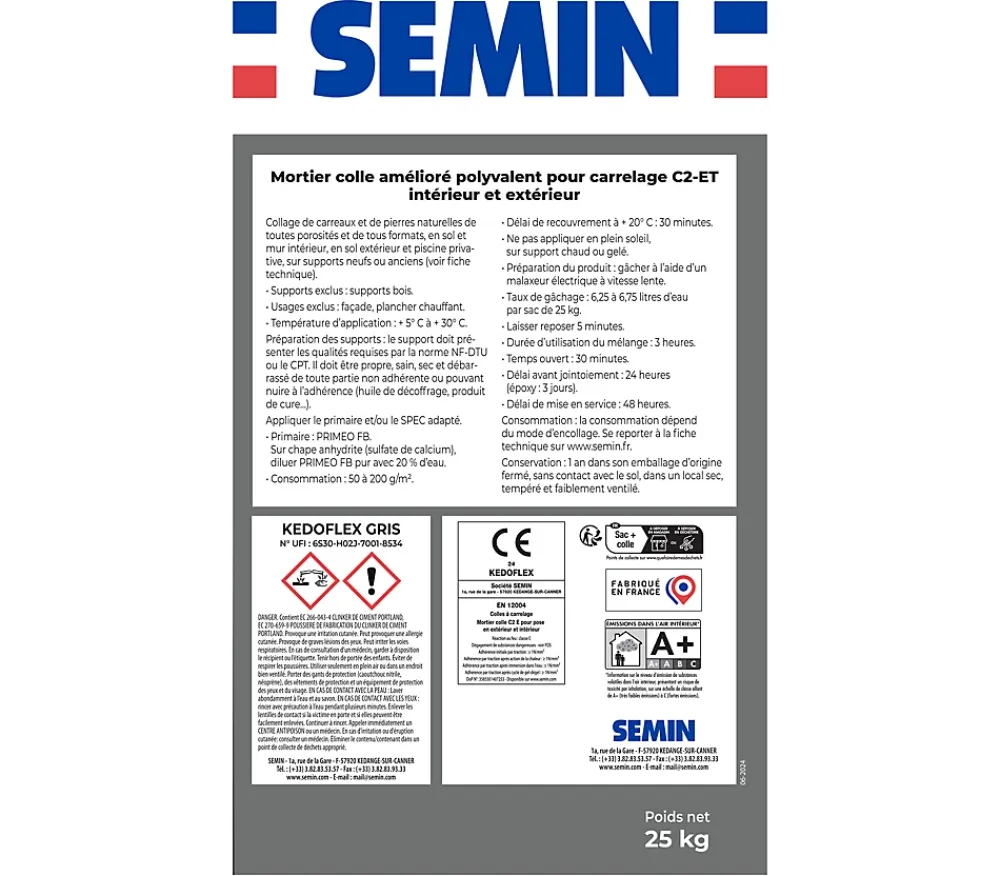 Semin Mortier Colle Polyvalent pour Carrelage Kedoflex Gris , Intérieur/Extérieur, sac de 25 kg- Colle Carrelage Sol