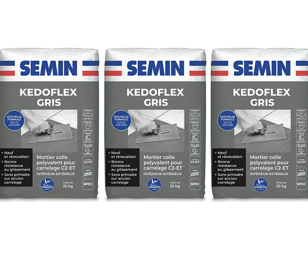 Semin Mortier Colle Polyvalent pour Carrelage Kedoflex Gris , Intérieur/Extérieur, sac de 25 kg, lot de 3- Colle Carrelage Sol