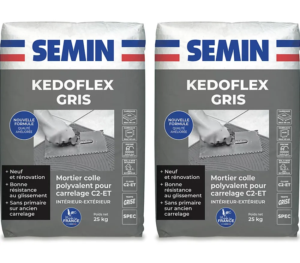 Semin Colle Carrelage Sol<Mortier Colle Polyvalent pour Carrelage Kedoflex Gris , Intérieur/Extérieur, sac de 25 kg, lot de 2