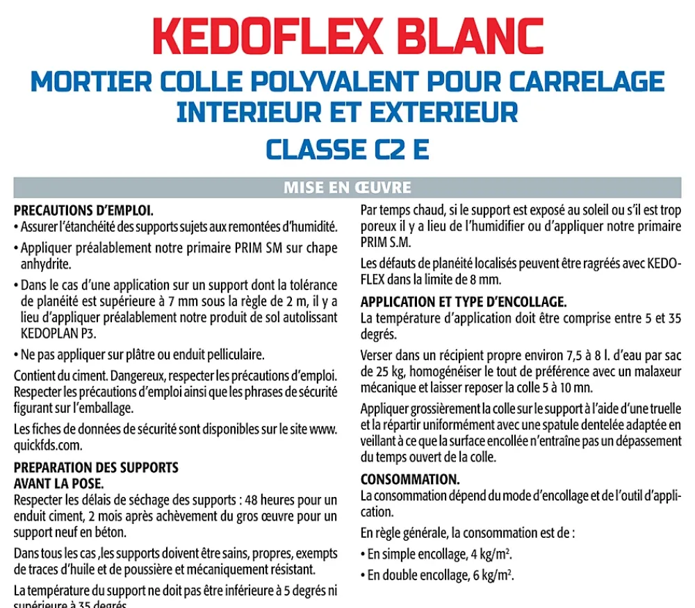Semin Mortier Colle Polyvalent pour Carrelage Kedoflex Blanc , Intérieur/Extérieur, sac de 25 kg, lot de 3- Colle Carrelage Sol