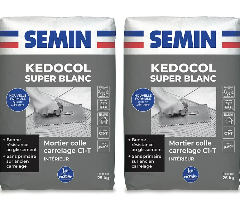 Semin Mortier Colle pour Carrelage Kedocol Super Blanc , Poudre, Intérieur, sac de 25 kg, lot de 2- Joint Carrelage Sol