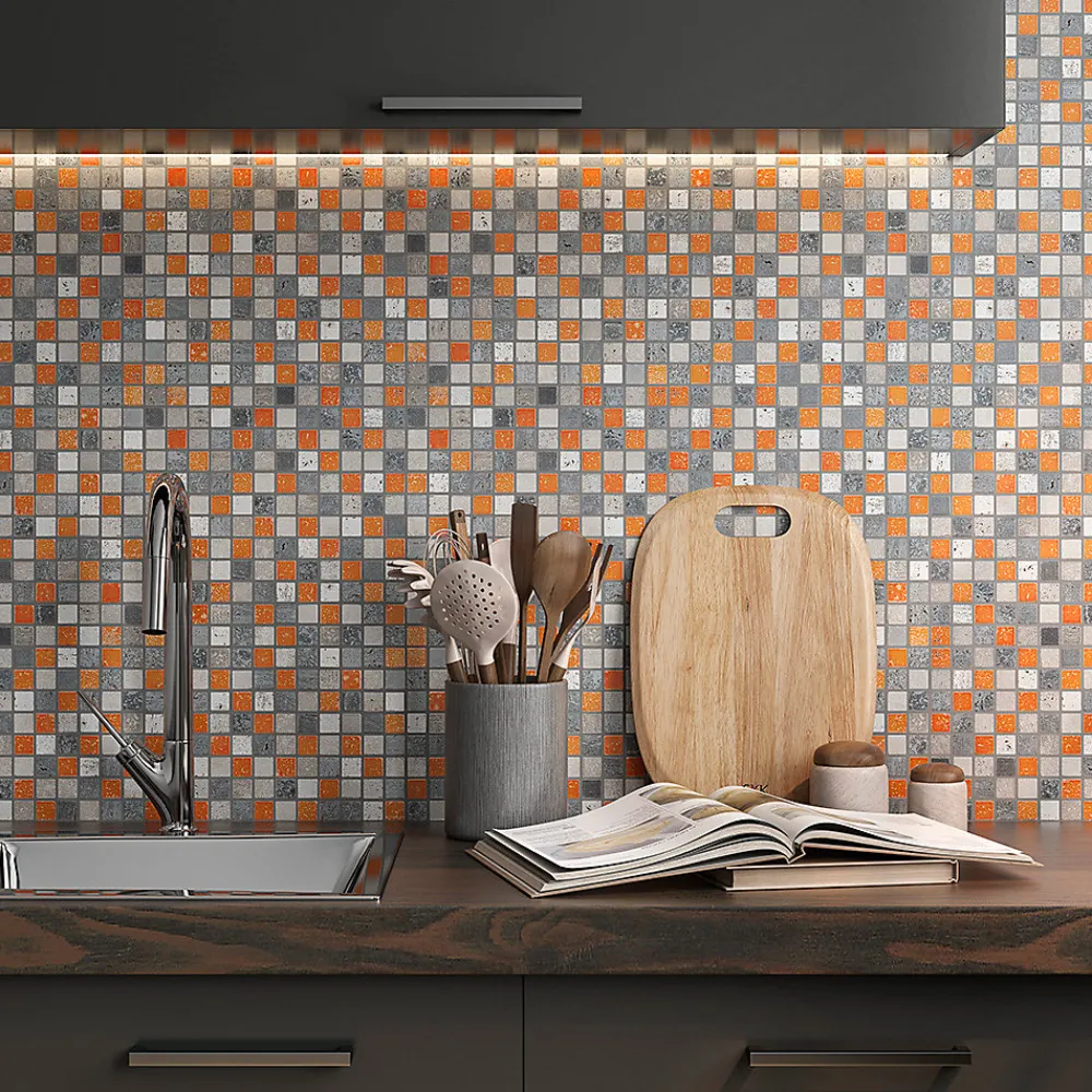 Carrelage Signature Mosaïque|Mosaïque Pour Pièce À Vivre<Mosaique de marbre peint 2.3 X 2.3 cm Gris et Orange - vendu par plaque de 30X30 cm -