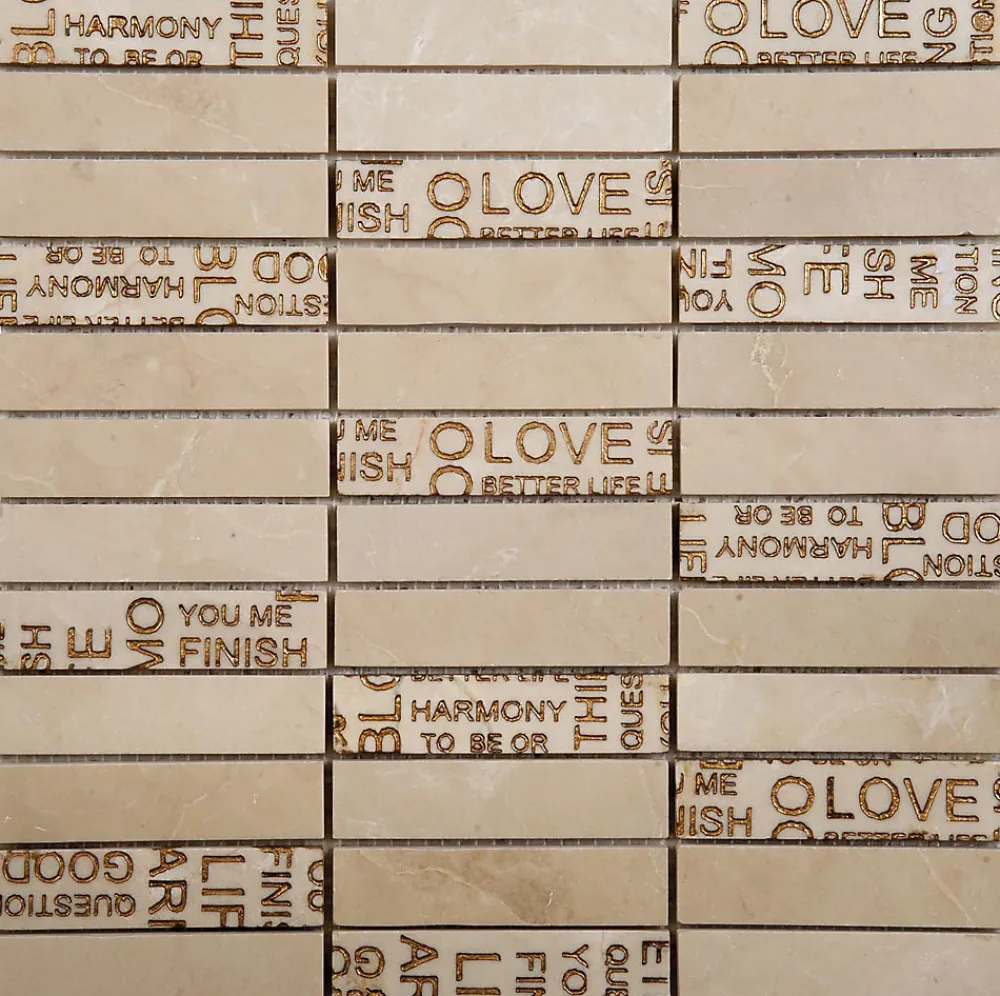 Carrelage Signature Mosaïque Pour Pièce À Vivre|Mosaïque Pour Wc<Mosaique de Marbre Poli Beige Décor Lettre Or 2.3X9.8 cm - vendu par plaque de 30X30 cm -