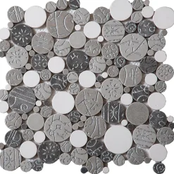 Carrelage Signature Mosaique de pierre reconstituee Rond Taupe Blanc et Argent - vendu par plaque de 30 X 30 cm- Mosaïque Pour Salle De Bains