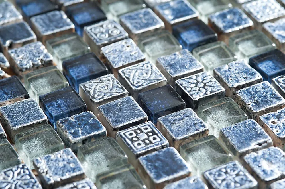 Carrelage Signature Mosaique de Verre et Marbre Bleu 1.5 X 1.5 cm - vendu par plaque de 30X30 cm -- Mosaïque Pour Pièce À Vivre|Mosaïque Pour Wc