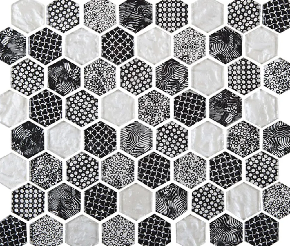 Carrelage Signature Mosaïque Pour Pièce À Vivre<Mosaique de Verre Hexagone Blanc et Noir - vendu par plaque de 26.5 X 29.6 cm -