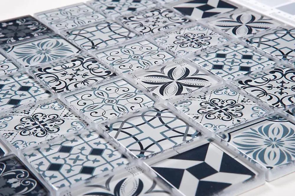 Carrelage Signature Mosaïque Pour Wc|Mosaïque Pour Salle De Bains<Mosaique de Verre Motif Carreau Ciment Bleu/Gris 5X5 cm - vendu par plaque de 29.8X29.8 cm -