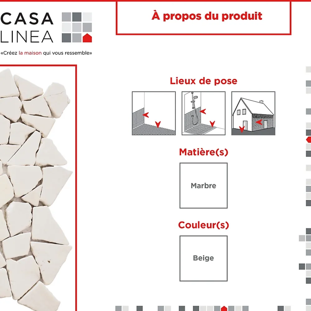 Casa Linéa MOSAIQUE PALLADIEN CREME 1 PLAQUE 30 x 30 CM CASA LINEA- Mosaïque Pour Douche|Mosaïque Pour Wc