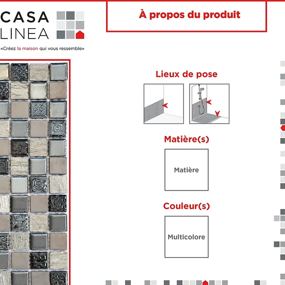 Casa Linéa MOSAIQUE SMOKY GREY 1 PLAQUE 30 x 30 CM CASA LINEA- Mosaïque Pour Salle De Bains|Mosaïque