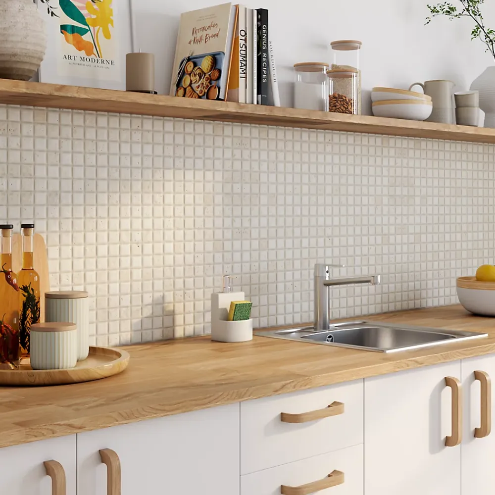 GoodHome Mosaïque beige 30,5x30,5cm Travertino pierre naturelle mat- Mosaïque Pour Pièce À Vivre|Travertin