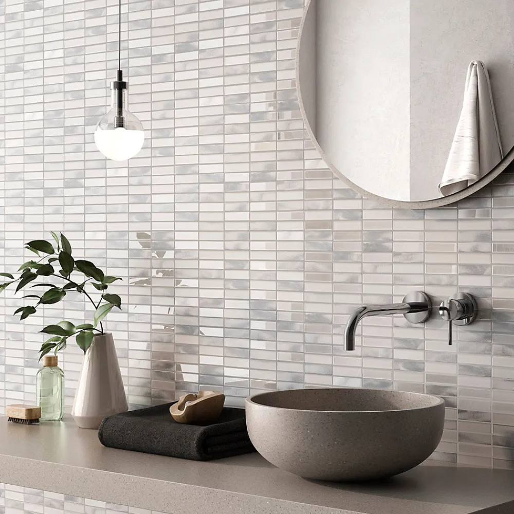 Carrelage Signature Mosaïque Pour Pièce À Vivre|Mosaïque Pour Salle De Bains<Mosaïque d'aluminium brosse et verre Mix beige Barrettes 2X7.3 cm - vendu par plaque de 30.3X29.7 cm -