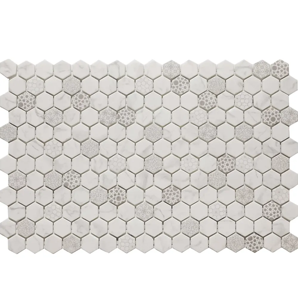 Ilcom Mosaïque de verre pressé antidérapant R11 sur maille pour salle de bain ou cuisine 52 cm x 34 cm - Hexa calacatta (0,166m²)- Mosaïque Pour Douche