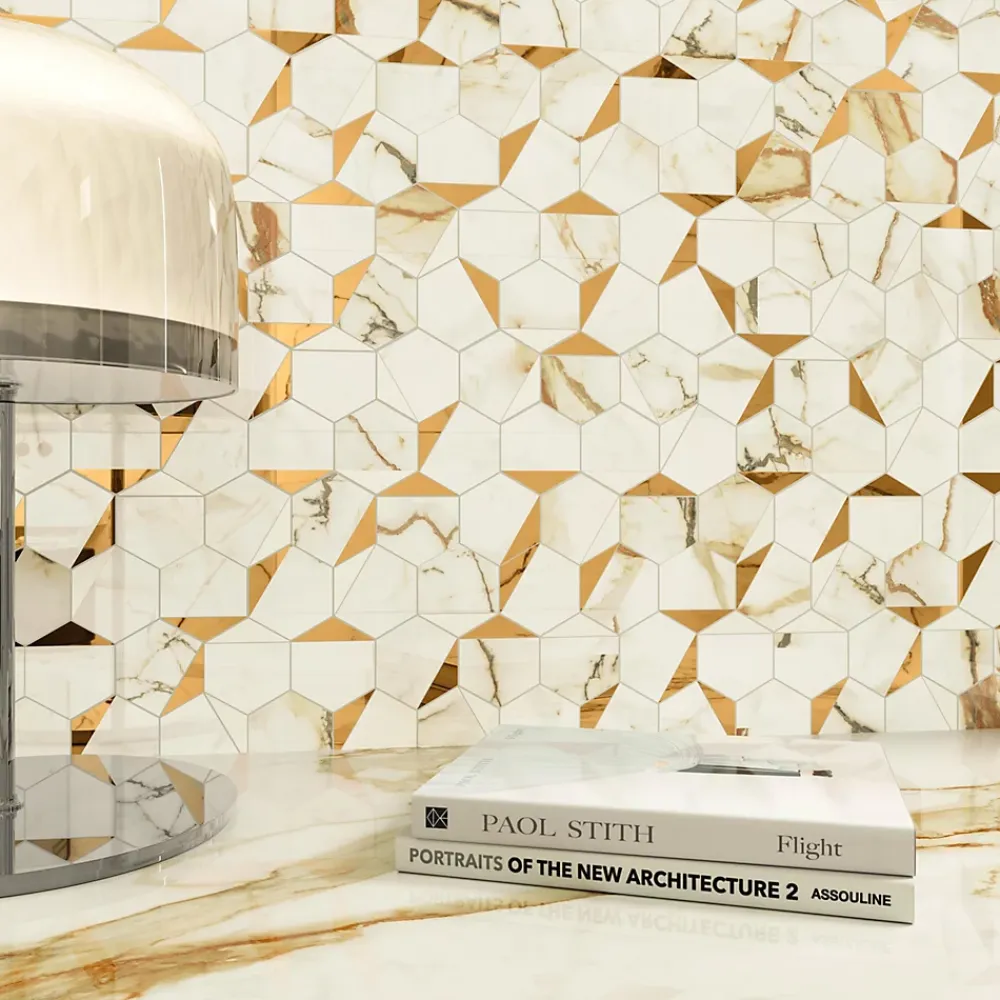 Ro'Ma Carrelage Mosaïque Pour Pièce À Vivre|Mosaïque Pour Wc<Mosaïque effet Marbre Blanc Calacatta Supreme Hexa 29x25,1x0,85 cm Brillant Faventa - Mur intérieur (vendu par carton de 0,4367 m²