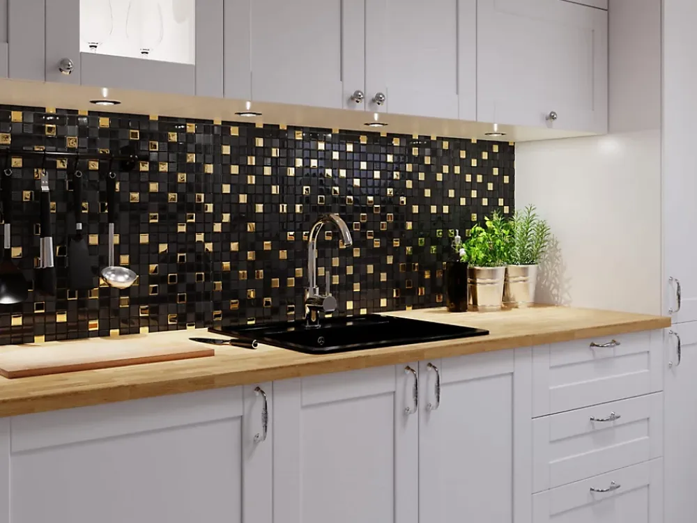 Ilcom Mosaïque en verre sur filet pour salle de bain ou cuisine 30 cm x 30 cm - Volcano gold- Mosaïque|Mosaïque Pour Wc
