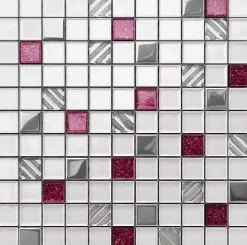 Ilcom Mosaïque<Mosaïque en verre sur filet pour salle de bain ou cuisine 30 cm x 30 cm - Rose queen