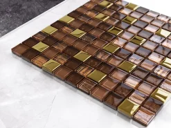 Ilcom Mosaïque Pour Salle De Bains|Mosaïque<Mosaïque en verre sur filet pour salle de bain ou cuisine 30 cm x 30 cm - Azteca gold