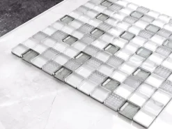Ilcom Mosaïque|Mosaïque Pour Douche<Mosaïque en verre sur filet pour salle de bain ou cuisine 30 cm x 30 cm - Crushed white silver