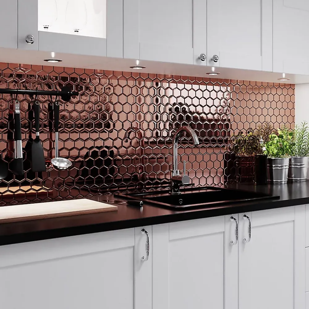 Ilcom Mosaïque en verre sur filet pour salle de bain et cuisine 24.7cm x 25.5cm - Copper exagon- Mosaïque Pour Salle De Bains