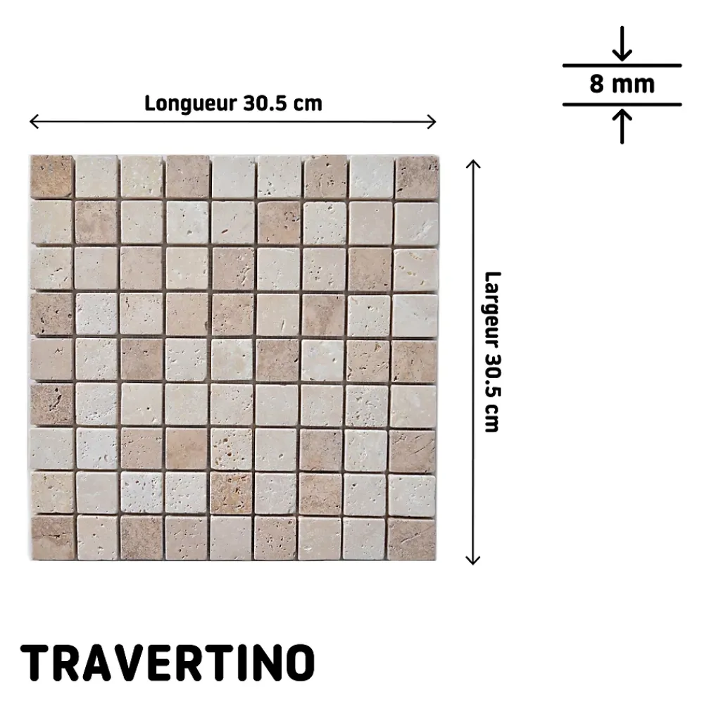 Mosaïque sol et mur en travertin L.31 x l.30,5 cm x ép.8 mm, Travertino- Travertin|Mosaïque Pour Douche