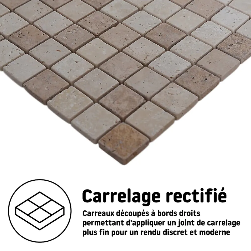 Mosaïque sol et mur en travertin L.31 x l.30,5 cm x ép.8 mm, Travertino- Travertin|Mosaïque Pour Douche