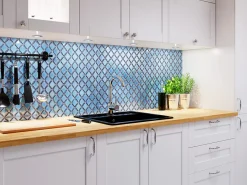 Ilcom Mosaïque sur résille pour salle de bain et cuisine en céramique - 28.2 cm x 25.2 cm - Blue arabesque- Mosaïque