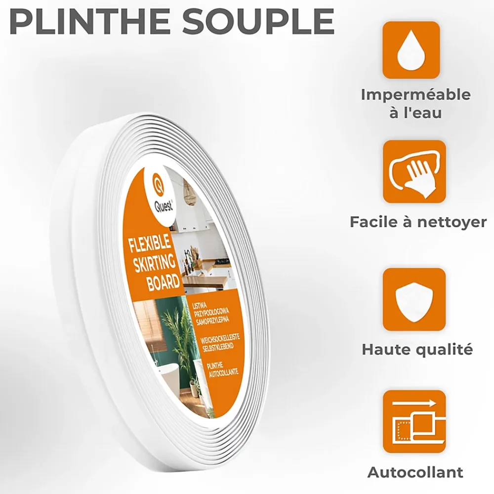 Quest Plinthe Pour Sol En Vinyle Et Pvc<Moulure Souple en PVC 10x10 mm, Auto-Adhésive avec Bande Mousse, Plinthe Souple, pour Finitions et Étanchéité des Jonctions, blanc
