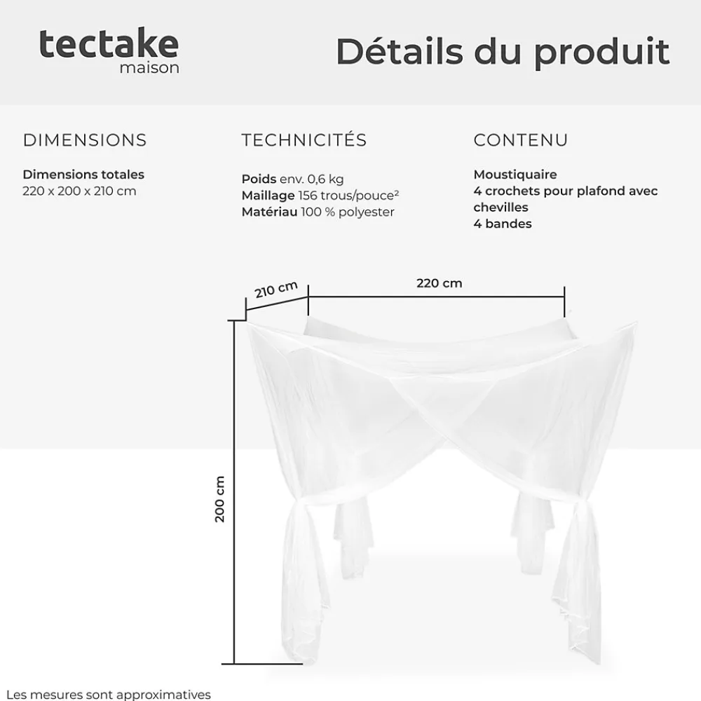 Tectake Moustiquaire Pour Fenêtre<Moustiquaire pour lits simples et doubles Maillage serré Lavable 220x200x210cm