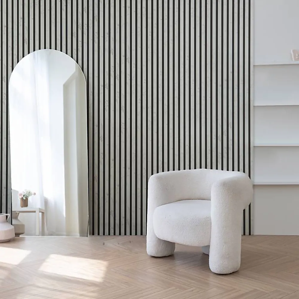 Decoon Panneau Tasseau Bois<Mur TV - Lot de 5 Panneaux tasseaux bois 250 x 30 x 1,9 cm - décor marbre blanc/feutrine noir - 3,75m²