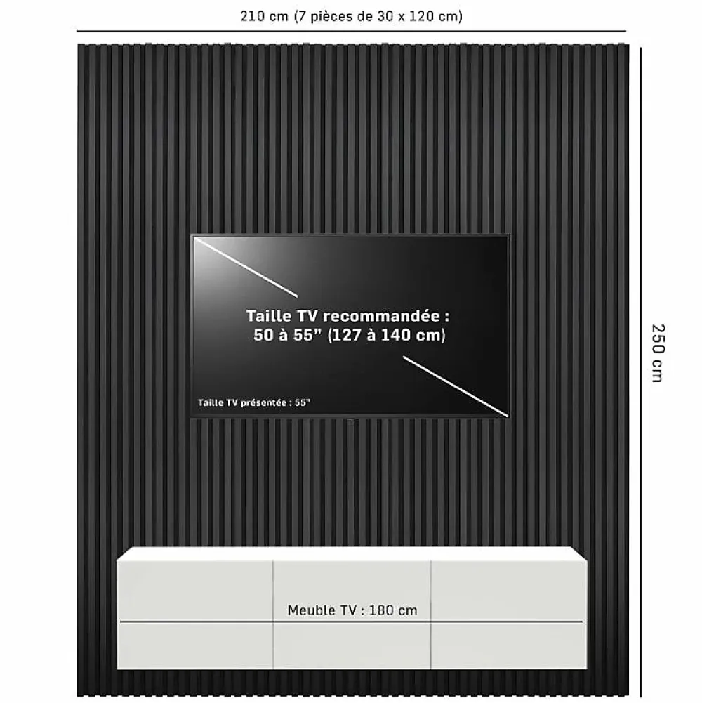 Decoon Panneau Tasseau Bois<Mur TV - Lot de 7 Panneaux tasseaux bois 250 x 30 x 1,9 cm - Lamelles placage noir fond noir - 5,25m²