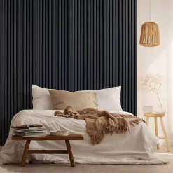 Decoon Mur TV - Lot de 7 Panneaux tasseaux bois 250 x 30 x 1,9 cm - bleu nuit/feutrine noir - 5,25m²- Panneau Tasseau Bois
