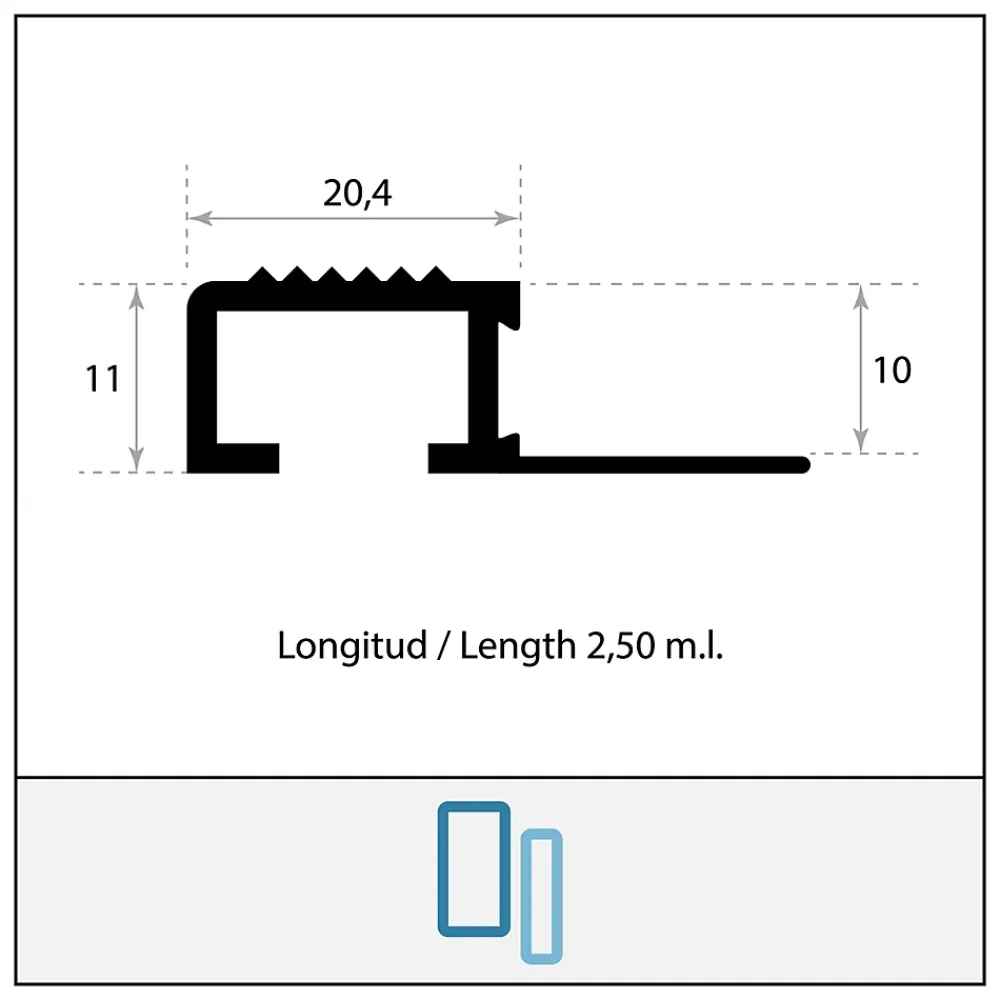 Lux Mosaic Profilé De Rénovation De Marche<Nez de Marche Escalier 10 mm Argent Mat Antiderapante EXT/INT pour carrelage L 2,5m Finition Argent Mat.