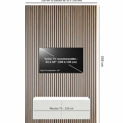 Decoon Panneau Tasseau Bois<Pack Acoustic Mur TV tasseaux bois - Lot de 5 panneaux 250x30x1,9 cm - Lamelles chêne clair véritable fond noir - 3,75m²